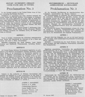 Proklamation Nr. 3 von 1947: Neugründung des Landes Bremen