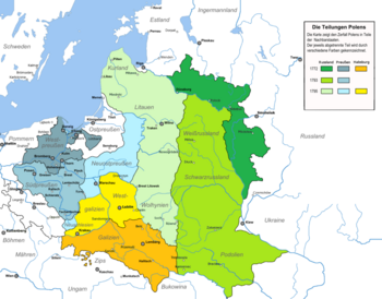 Polen in den Grenzen von 1772 und spätere Teilungen in den Jahren 1772, 1793, 1795