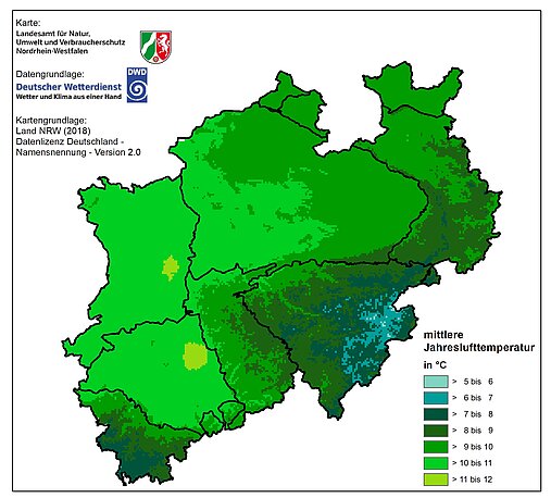 Karte mittlere Jahreslufttemperatur Nordrhein-Westfalen