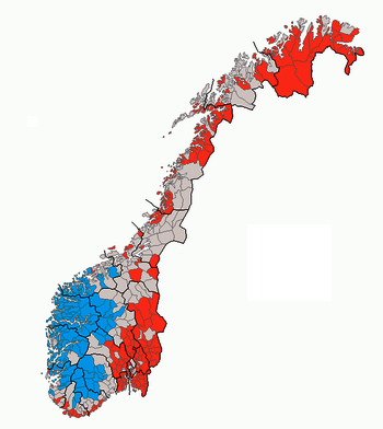 Karte der Verteilung der Standardschriftsprachen in Norwegen