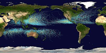 Karte des Verlaufs aller Hurrikane zwischen 1985 und 2005